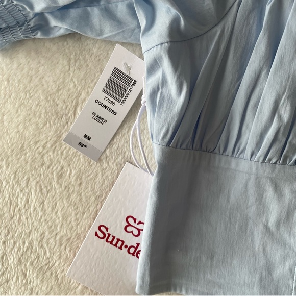 Aritzia Sunday Best Countess Blouse Medium Blue Glimmer Top Shirt puff blouse - Picture 5 of 12